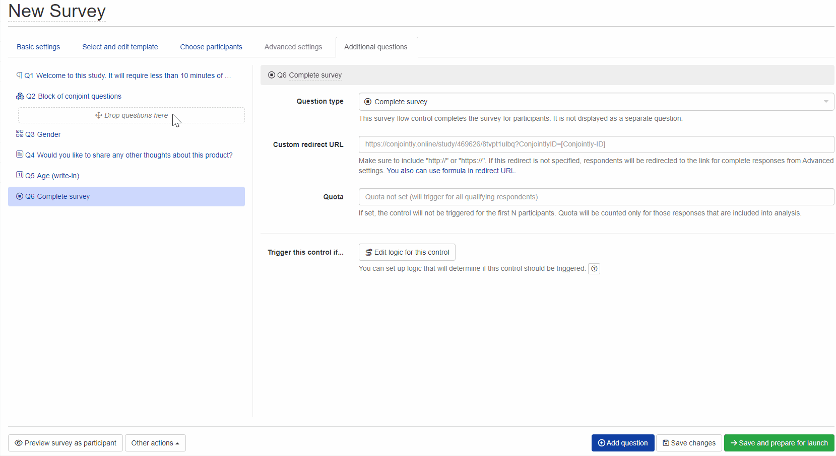 Set up Complete Survey flow control for redirect