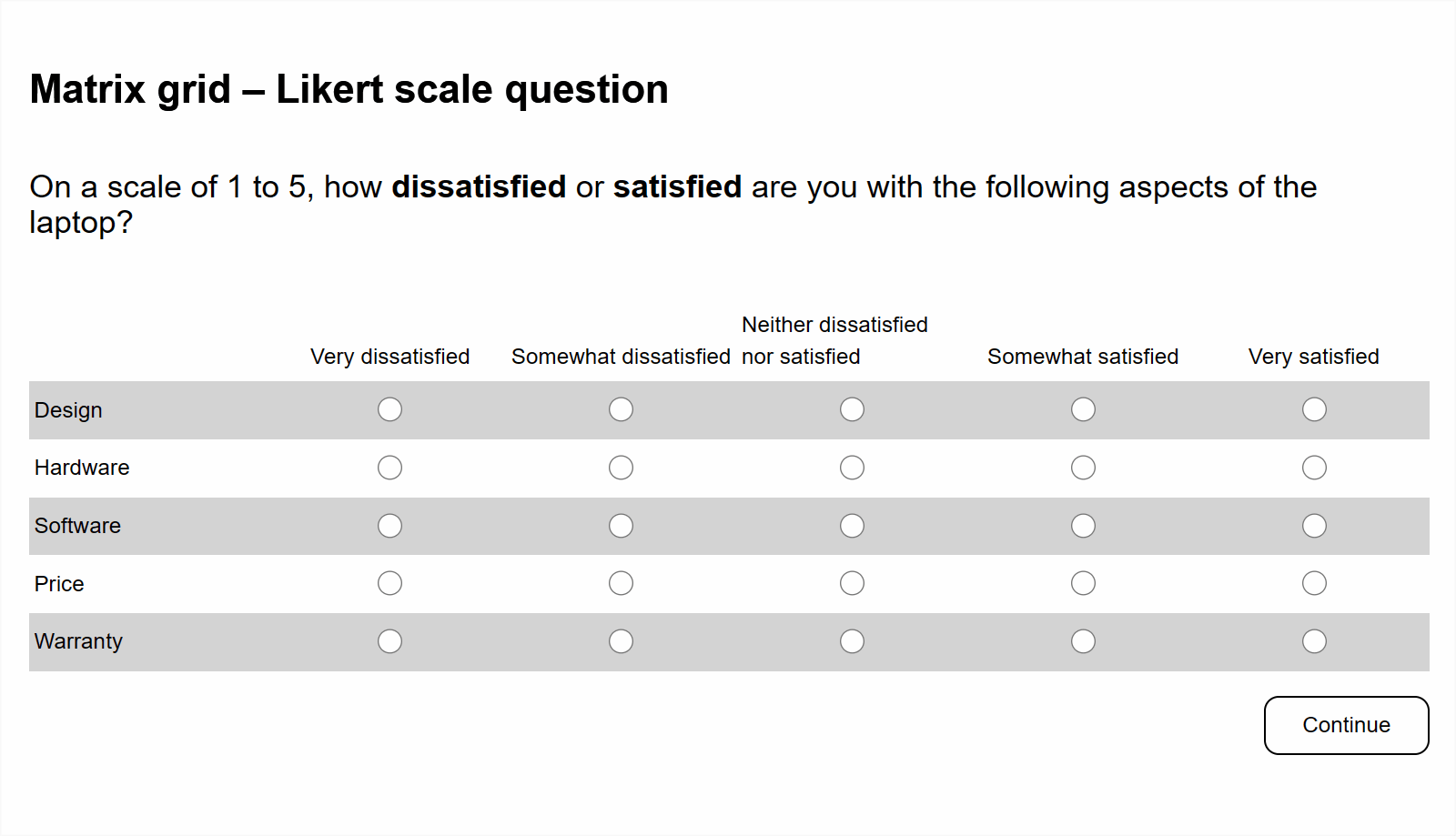 Matrix grid respondent interface