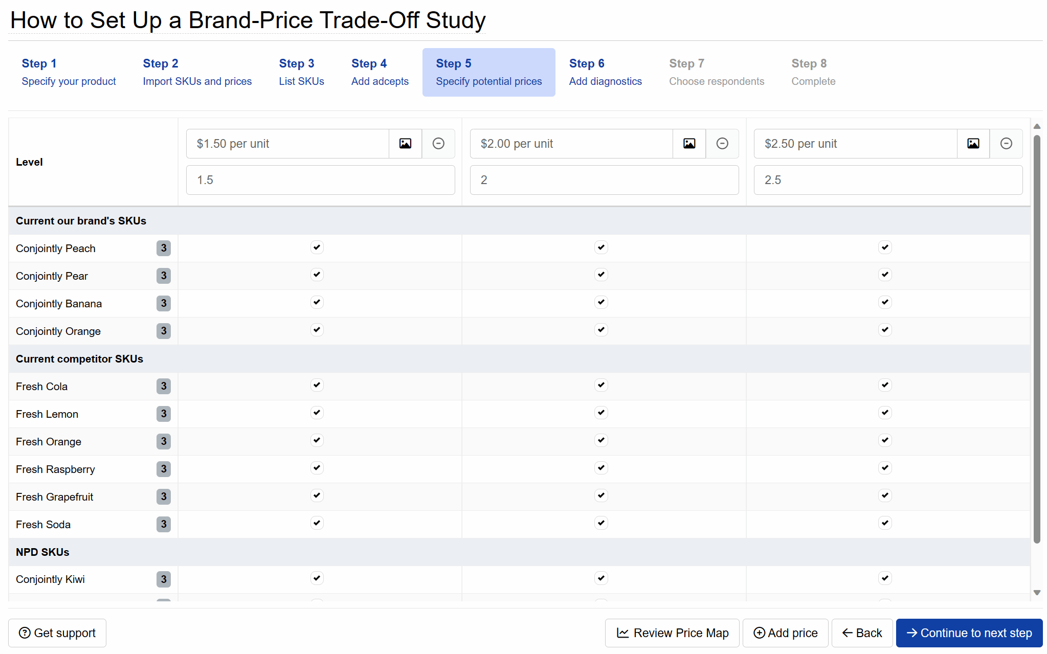 Brand-Price Trade-Off setup: Specify potential prices