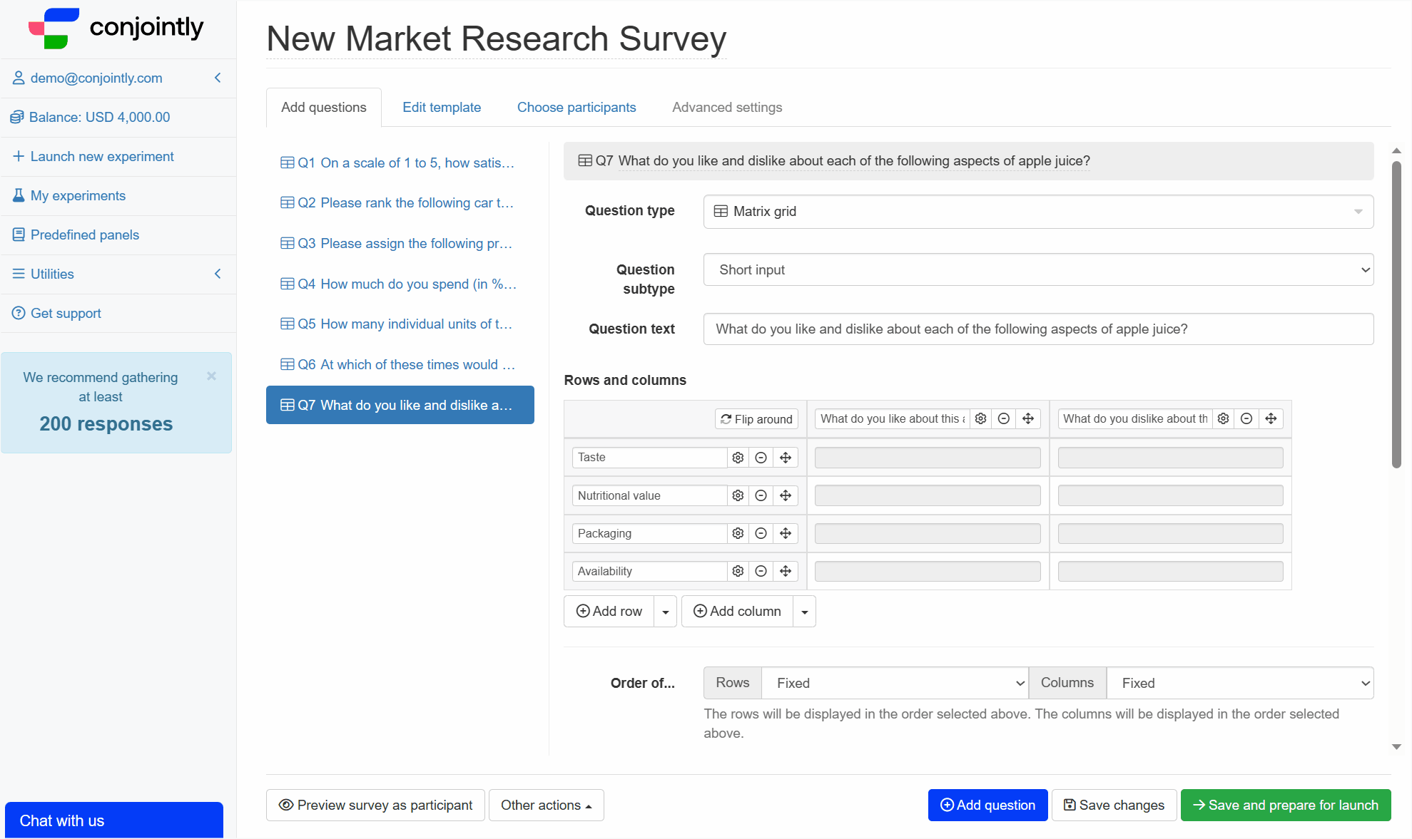 Add matrix grid question to survey
