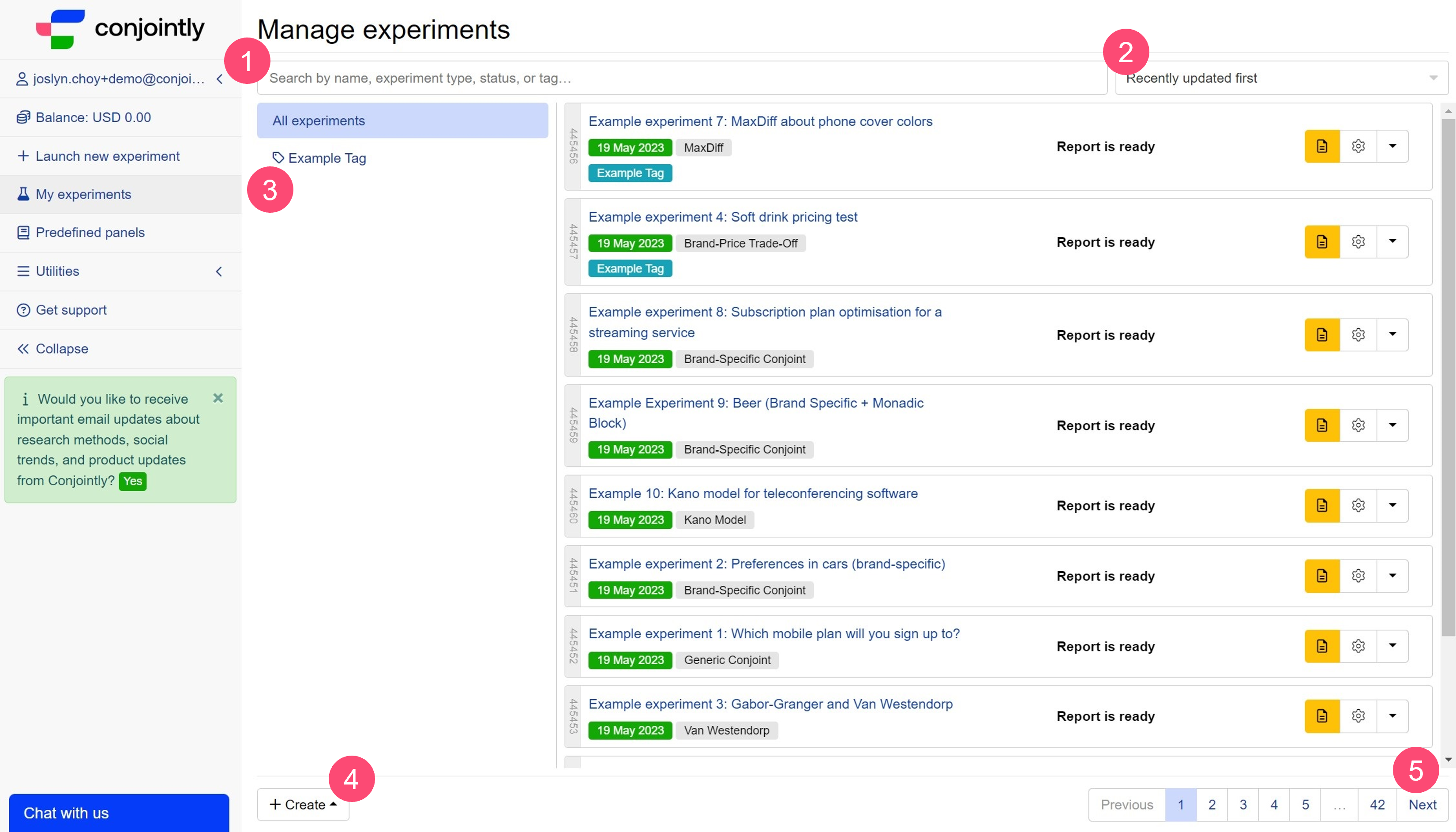 Manage Experiments interface Manage Experiments interface
