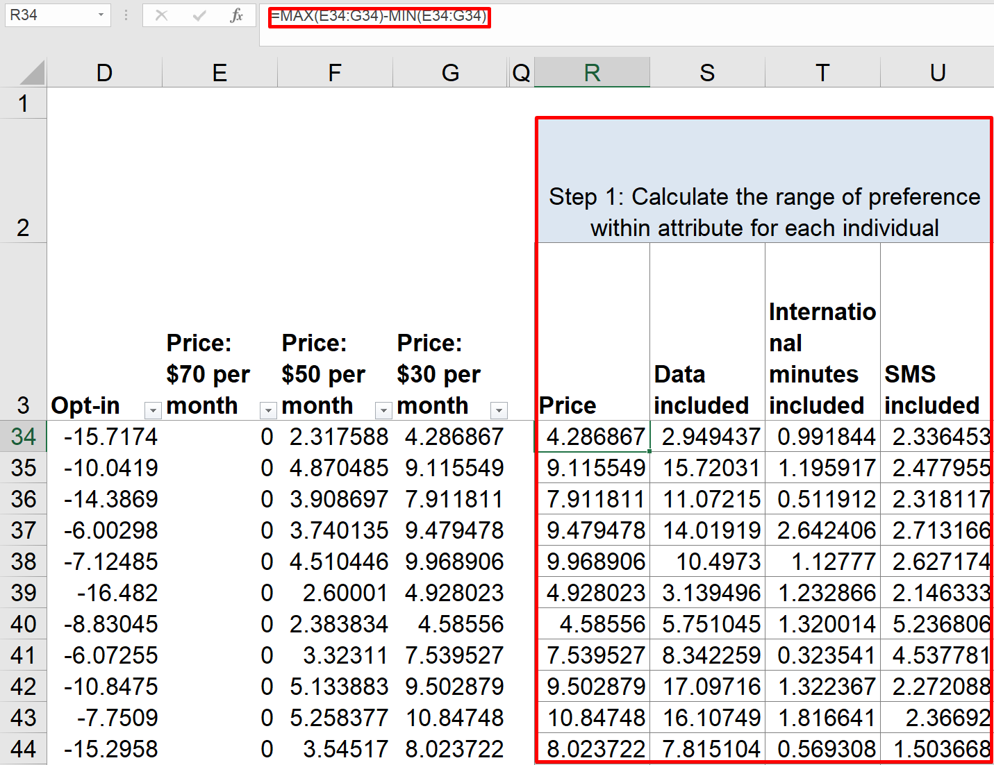 Relative importance by attribute (attribute partworths) Step 1