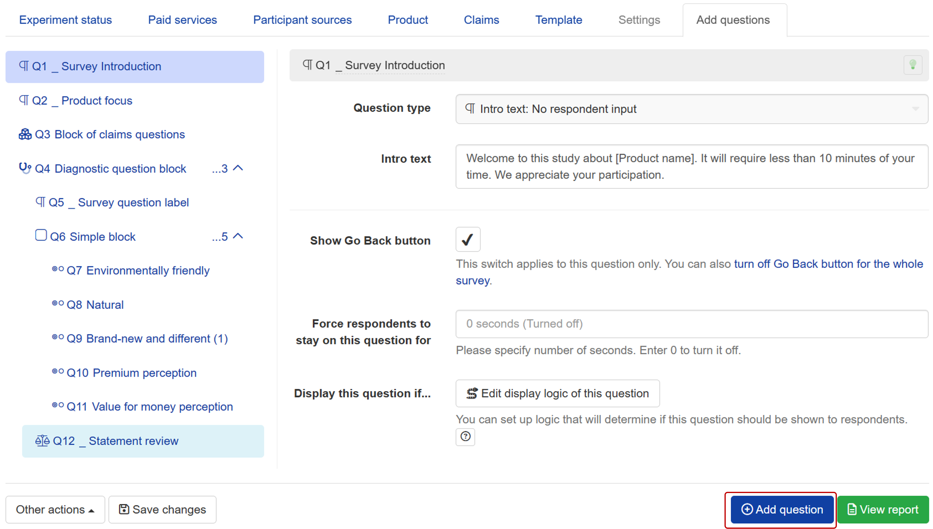 Adding questions to a launched experiment