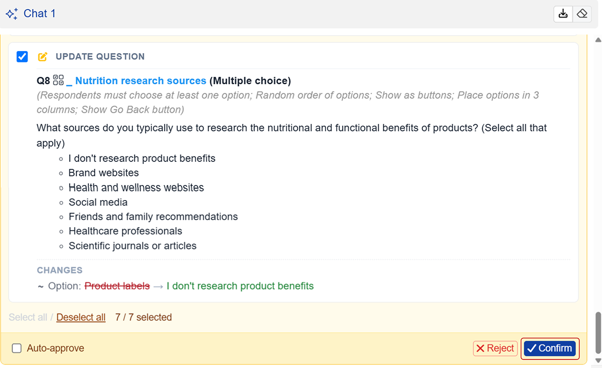 AI Helper proposing survey edits with a Confirm button to apply them