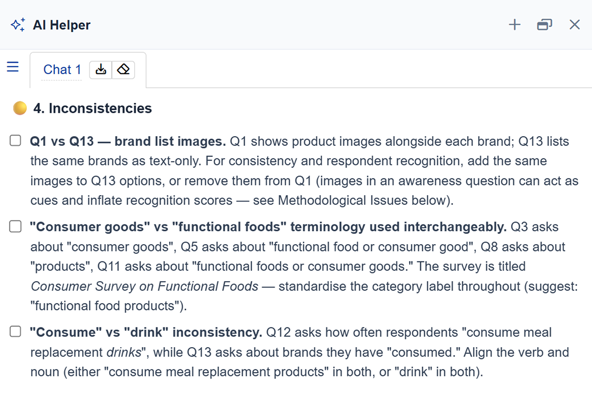 AI Helper flagging brand images used in one question but not another and inconsistent product terminology across questions