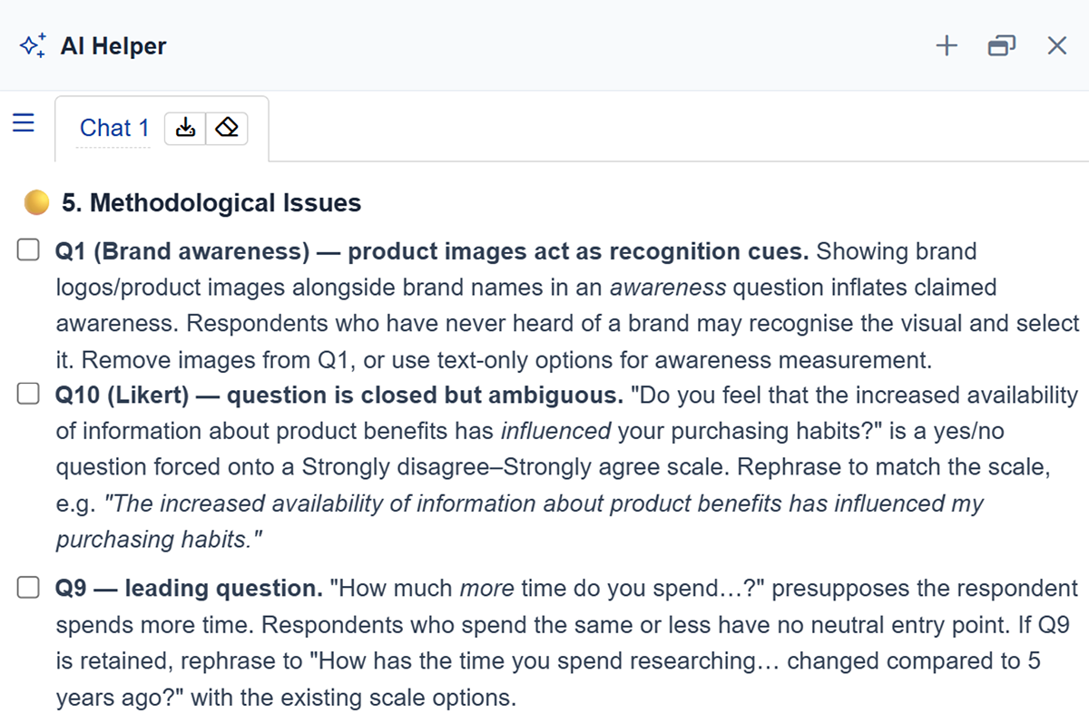 AI Helper flagging brand images as recognition cues in an awareness question, a yes or no question forced onto a Likert scale, and a leading question