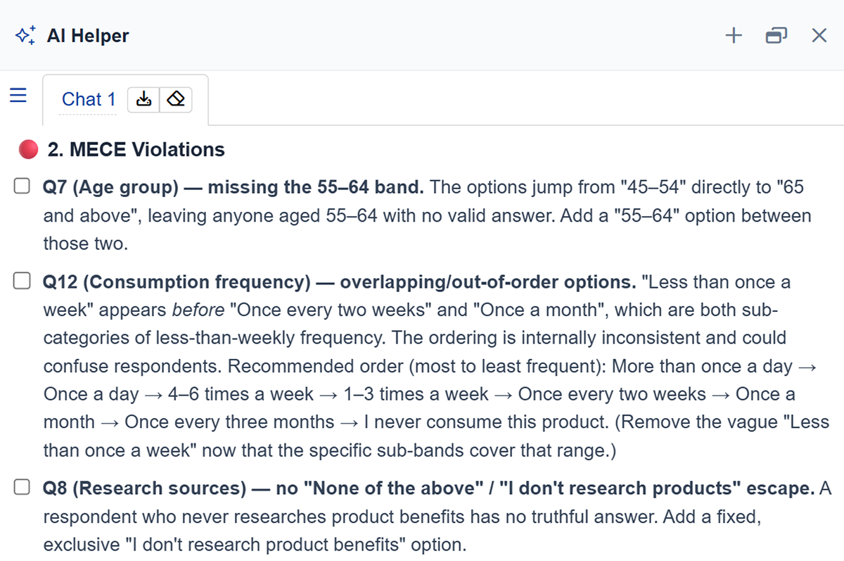 AI Helper flagging a missing 55 to 64 age band, overlapping frequency options, and a missing escape option for respondents with no valid answer
