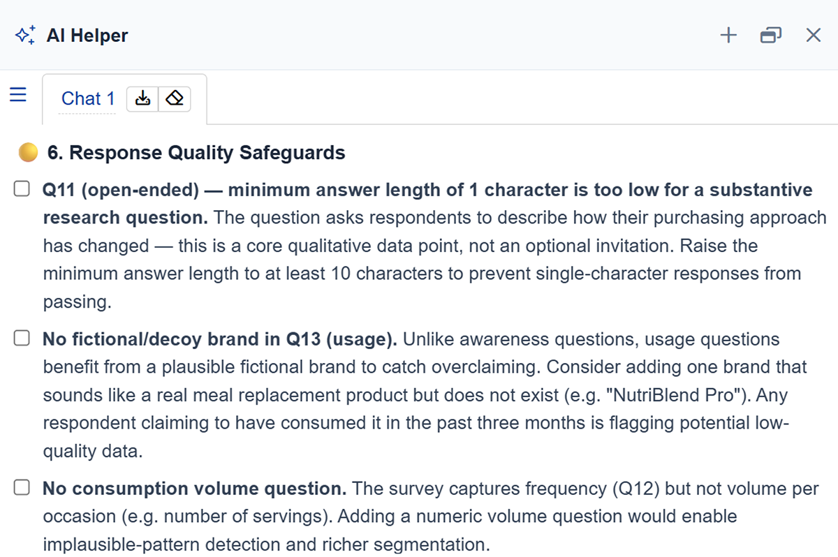 AI Helper suggesting a longer minimum answer length for an open-ended question, a decoy brand to catch overclaiming, and a consumption volume question