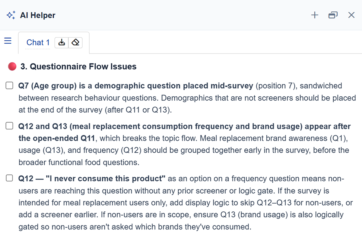 AI Helper flagging demographics placed mid-survey, a broken topic sequence, and missing display logic for non-users