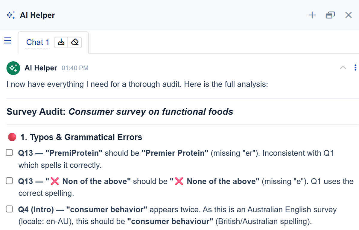 AI Helper flagging a misspelt brand name, a missing letter in None of the above, and US spelling in an Australian English survey