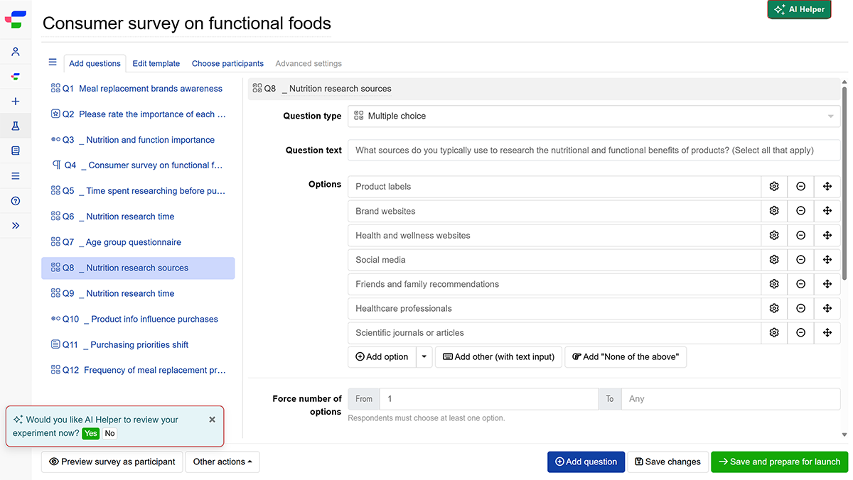 Bottom-left prompt asking to review the experiment