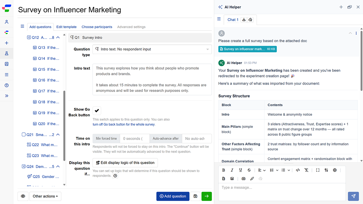Uploading question specifications into the AI Helper to generate a new survey