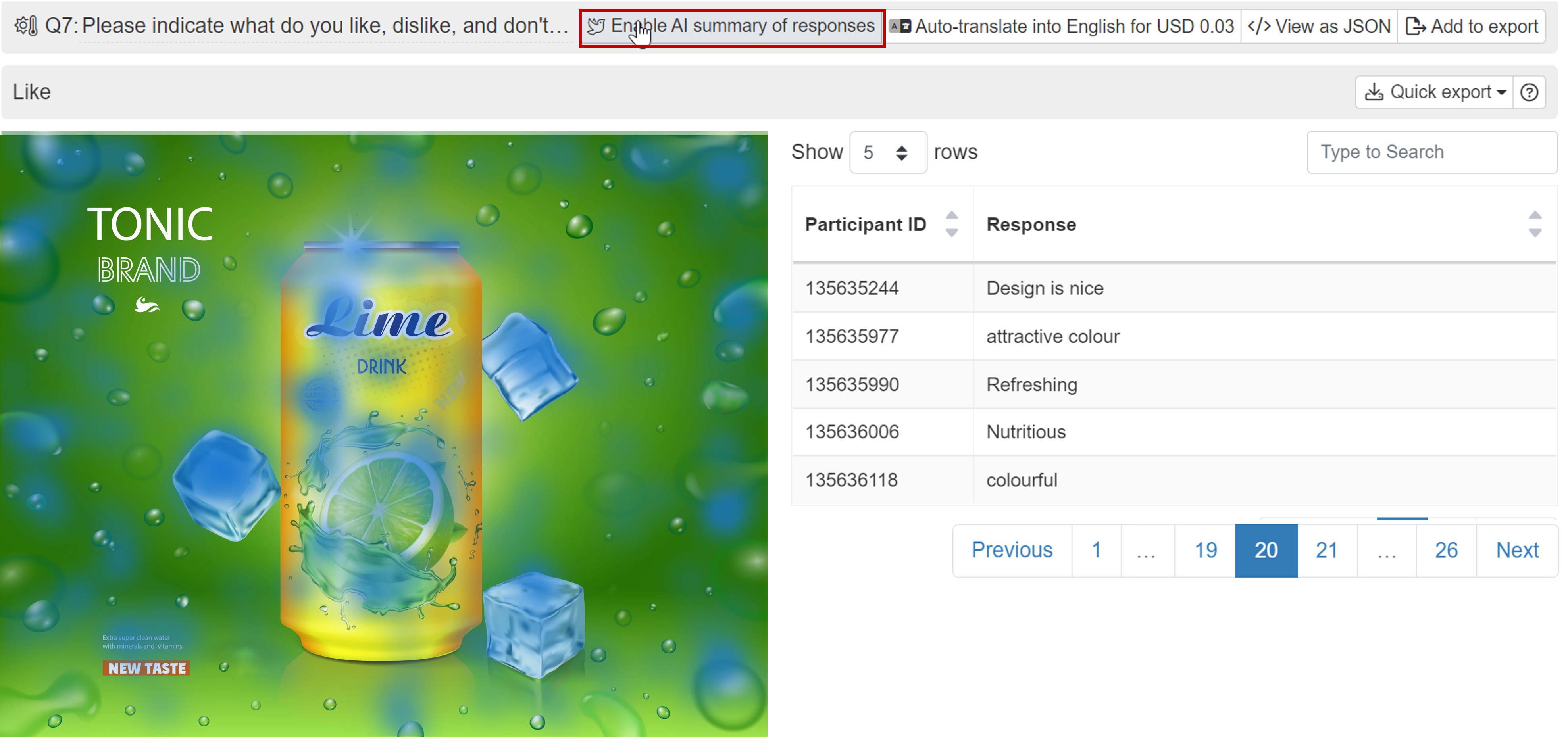 Enabling AI summary of text responses for text highlighter and image heatmap questions