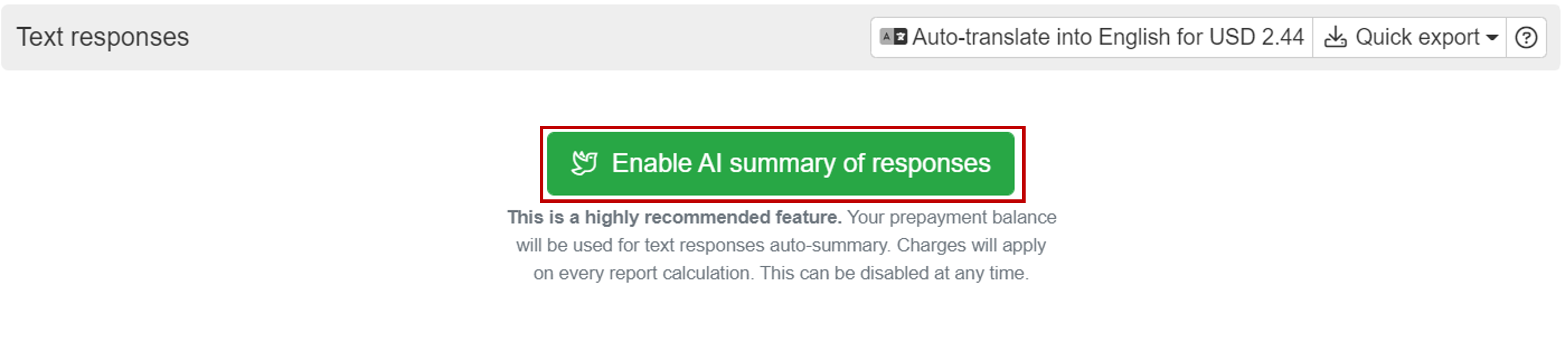 Enabling AI summary of text responses through report