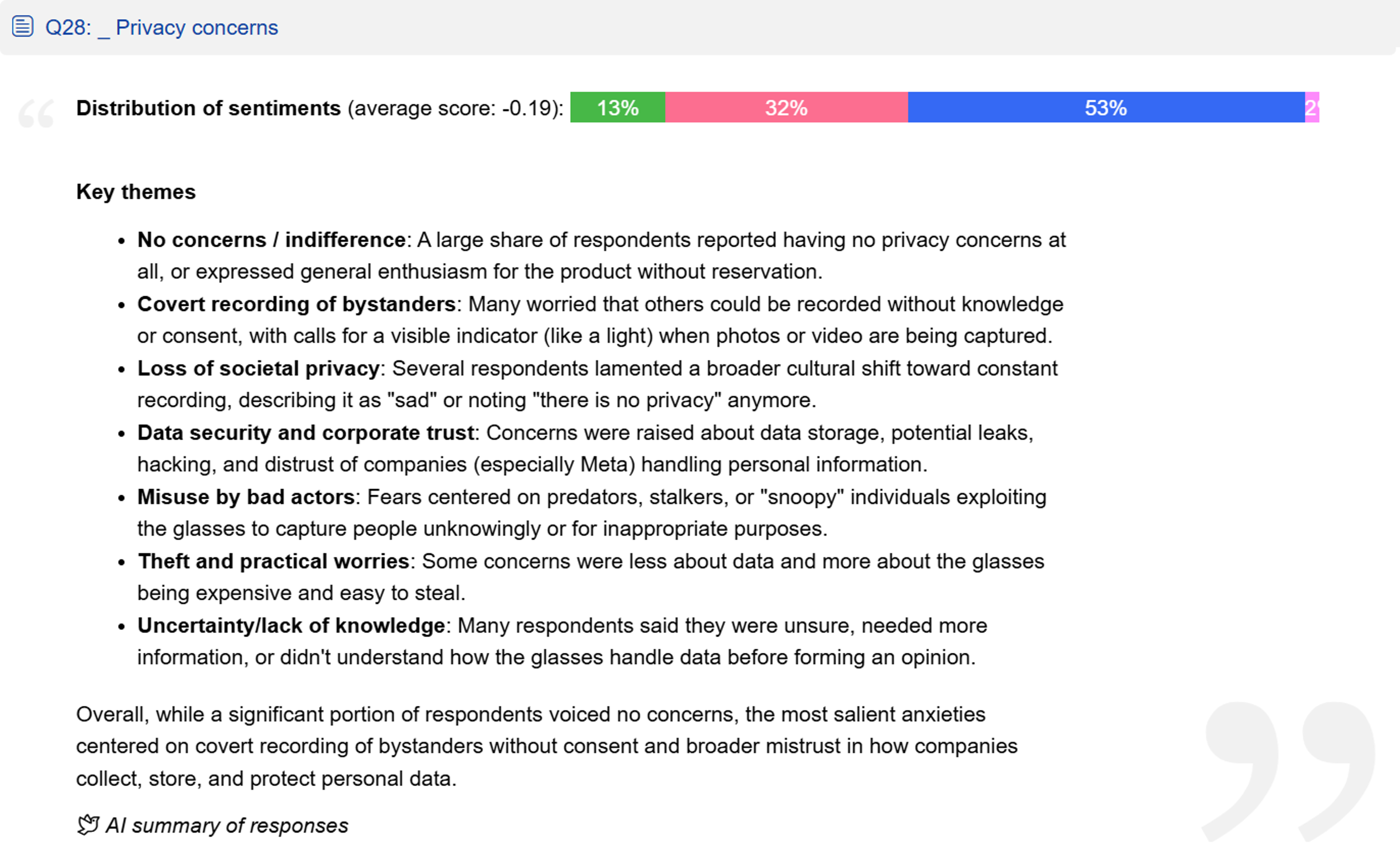 Automated summaries of responses for privacy concerns