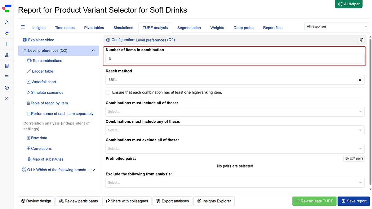 Product Variant Selector TURF analysis set up