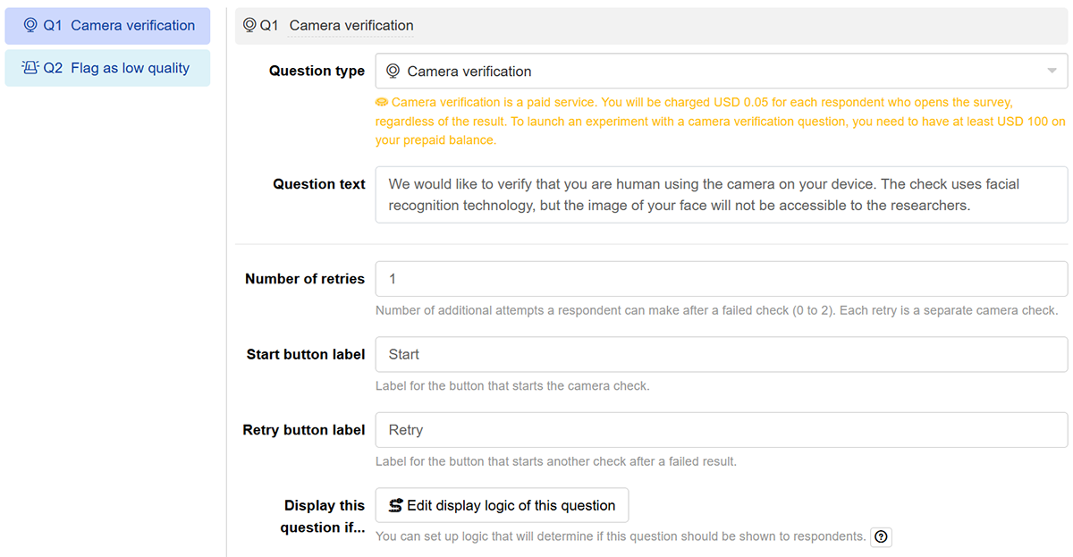 Configuring the Camera verification question settings Configuring the Camera verification question settings
