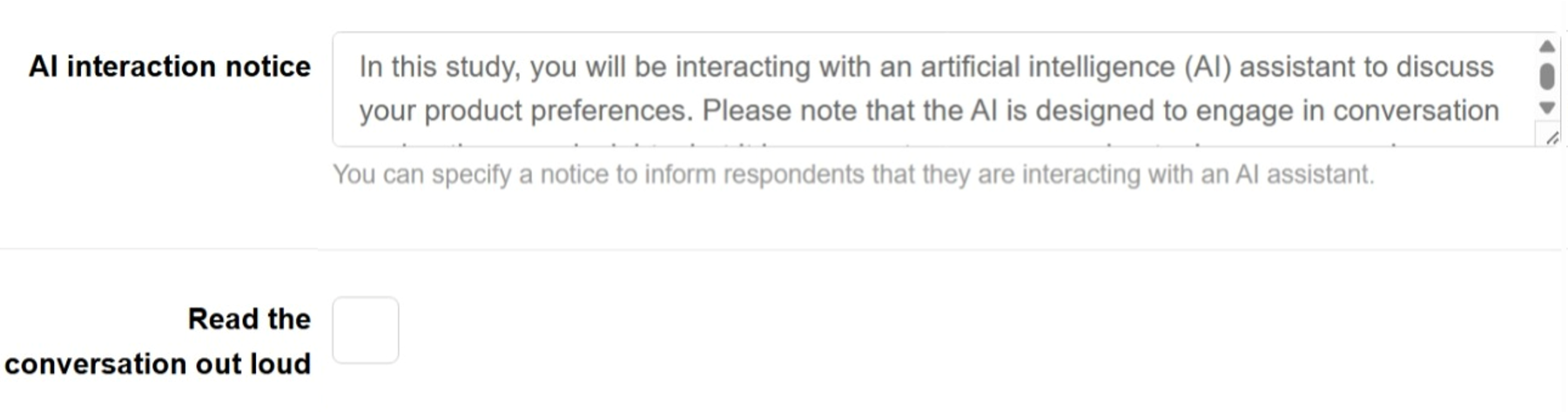 AI interaction notice and Read out loud