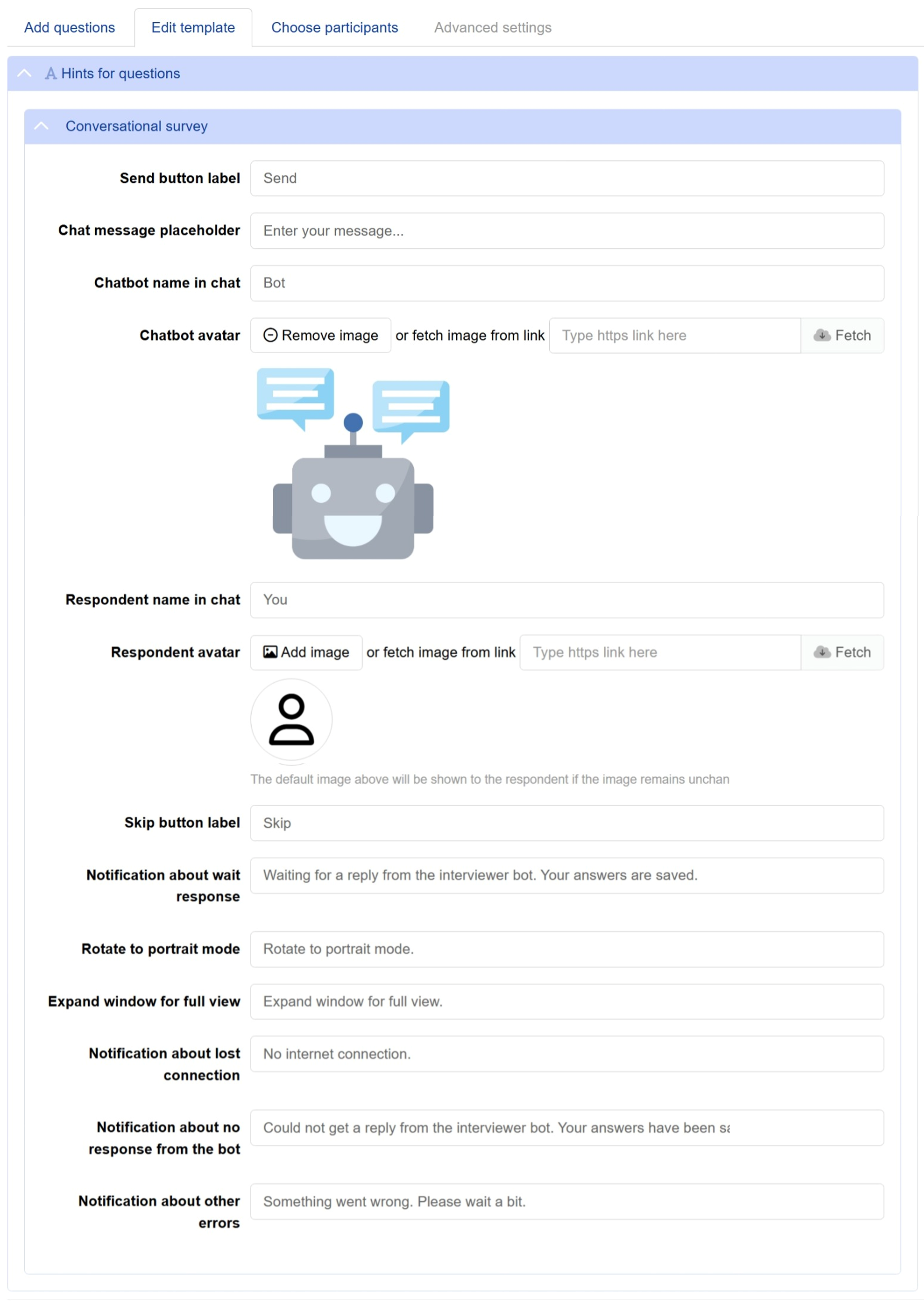 Edit conversational survey interface and template text