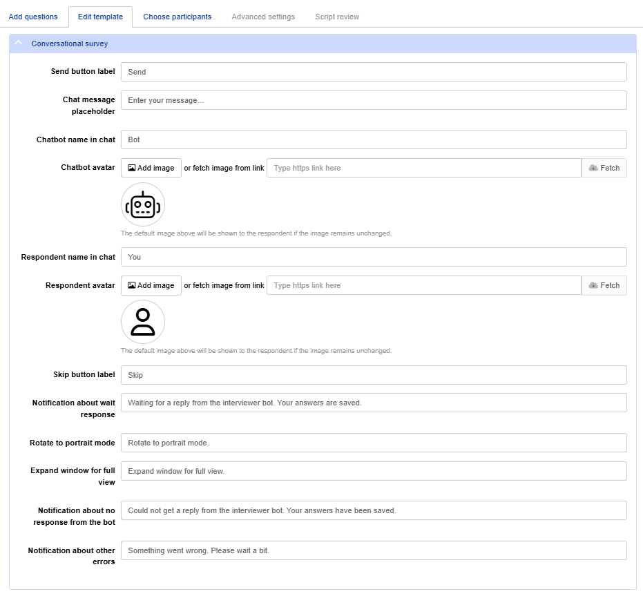 Edit conversational survey interface and template text