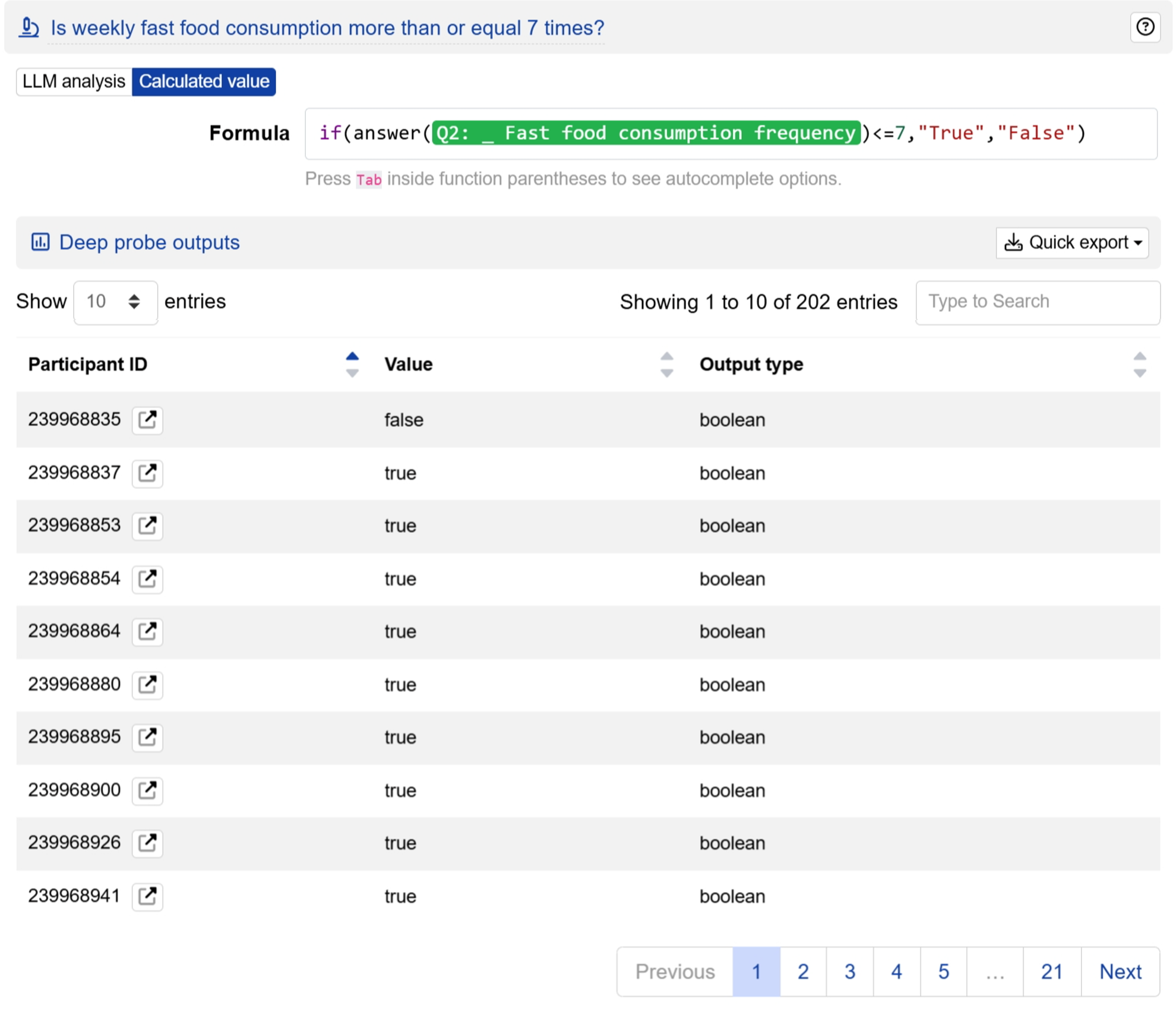 Categorising responses into segments