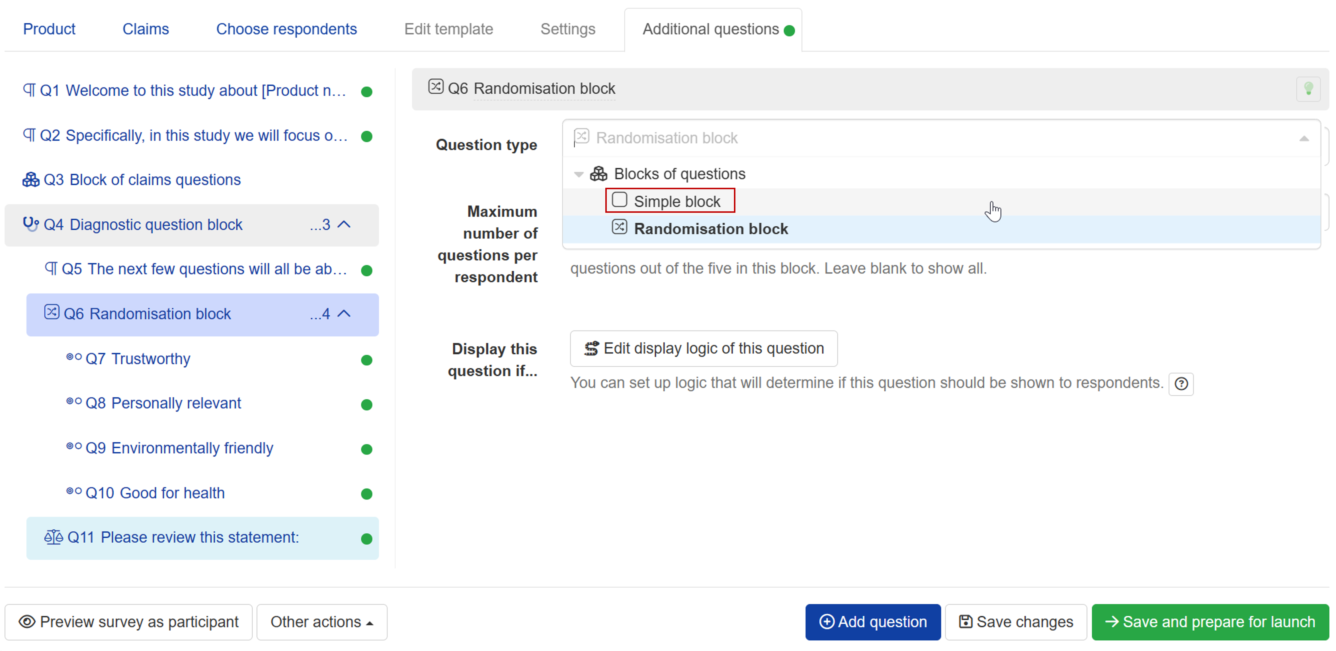 Switching from Randomisation block to Simple block