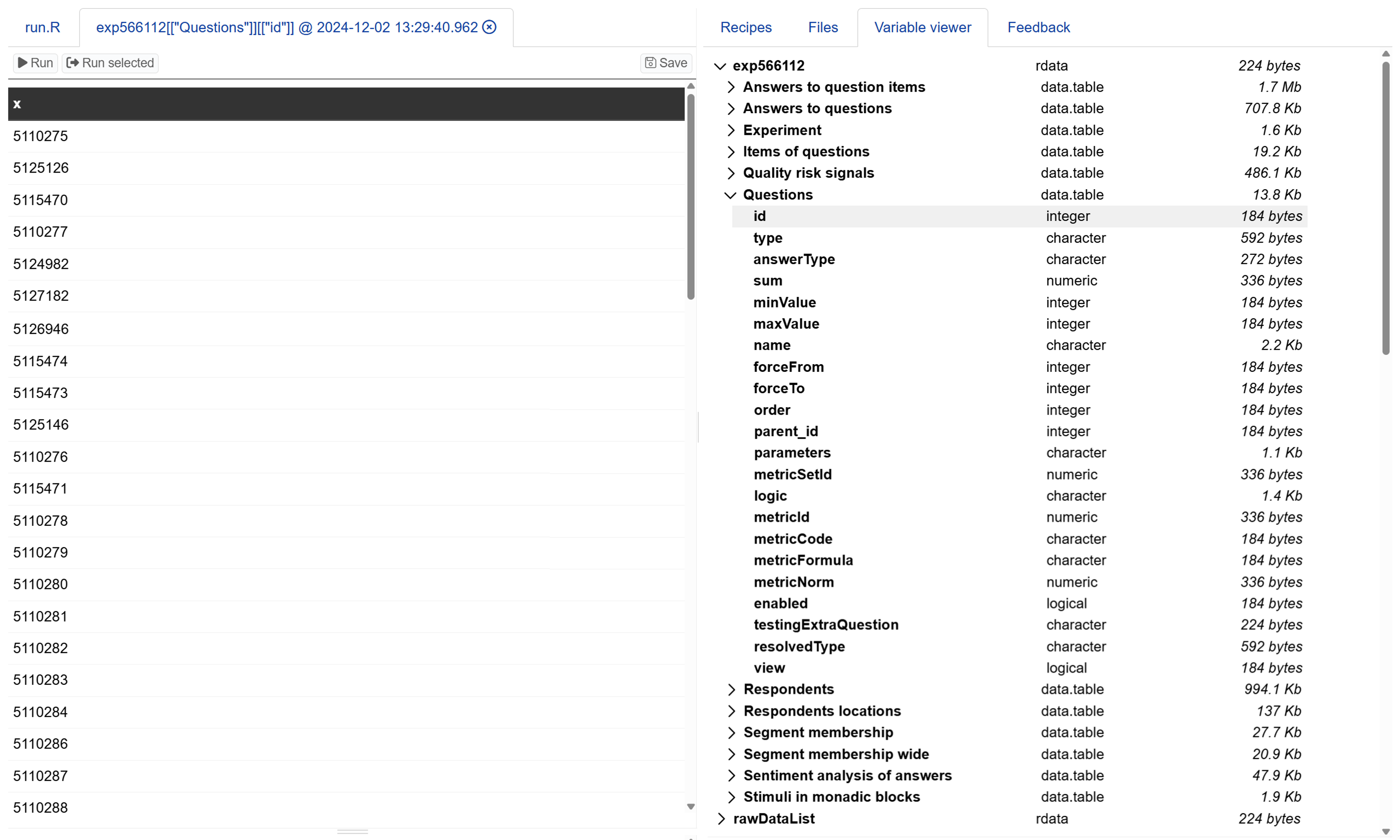 Variable viewer in Insights Explorer Variable viewer in Insights Explorer