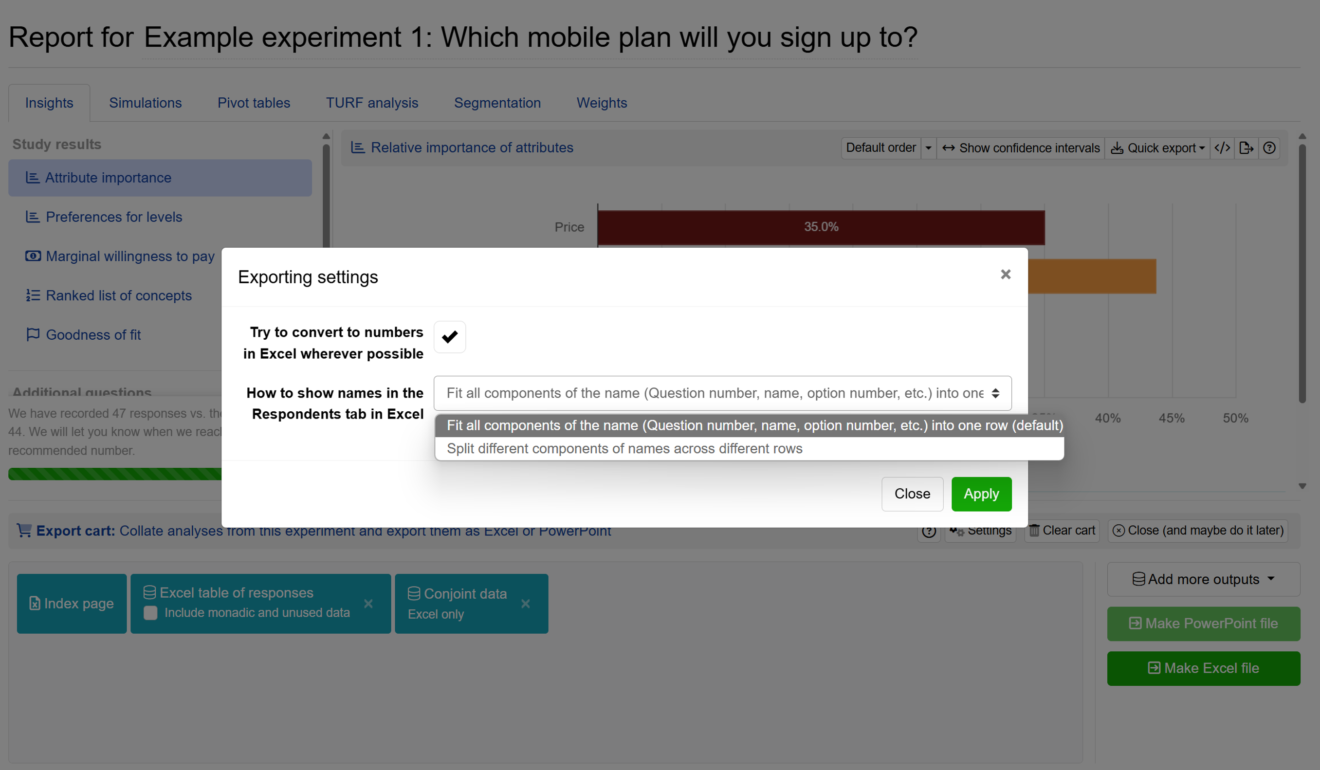 Configure export settings