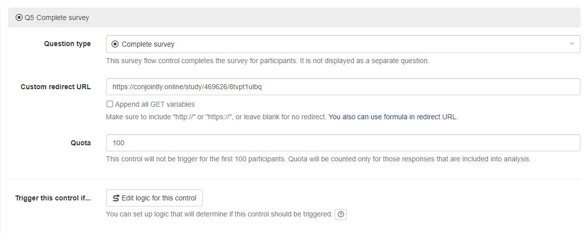 Set up Complete Survey flow control for redirect Set up Complete Survey flow control for redirect