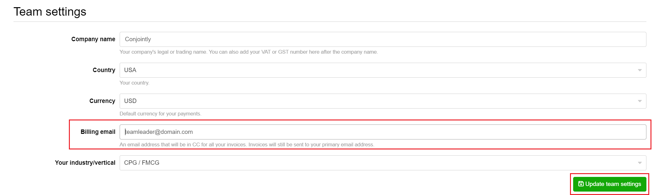 Adding a billing e-mail