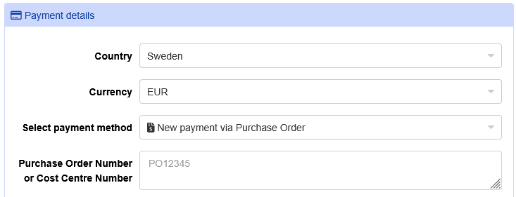 Select "New payment via Purchase Order" instead of credit card payment
