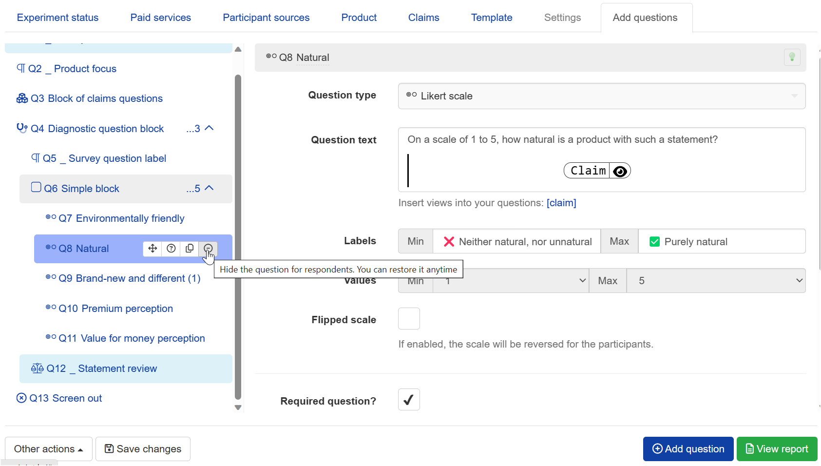 Hiding additional questions in a launched experiment