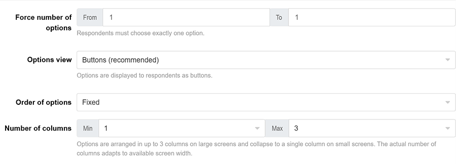 Multiple choice question settings
