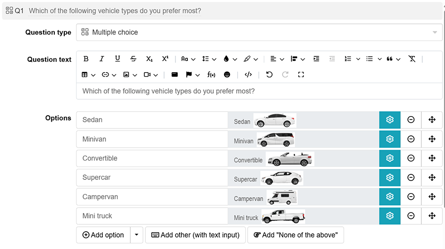 Multiple choice question text and options setup