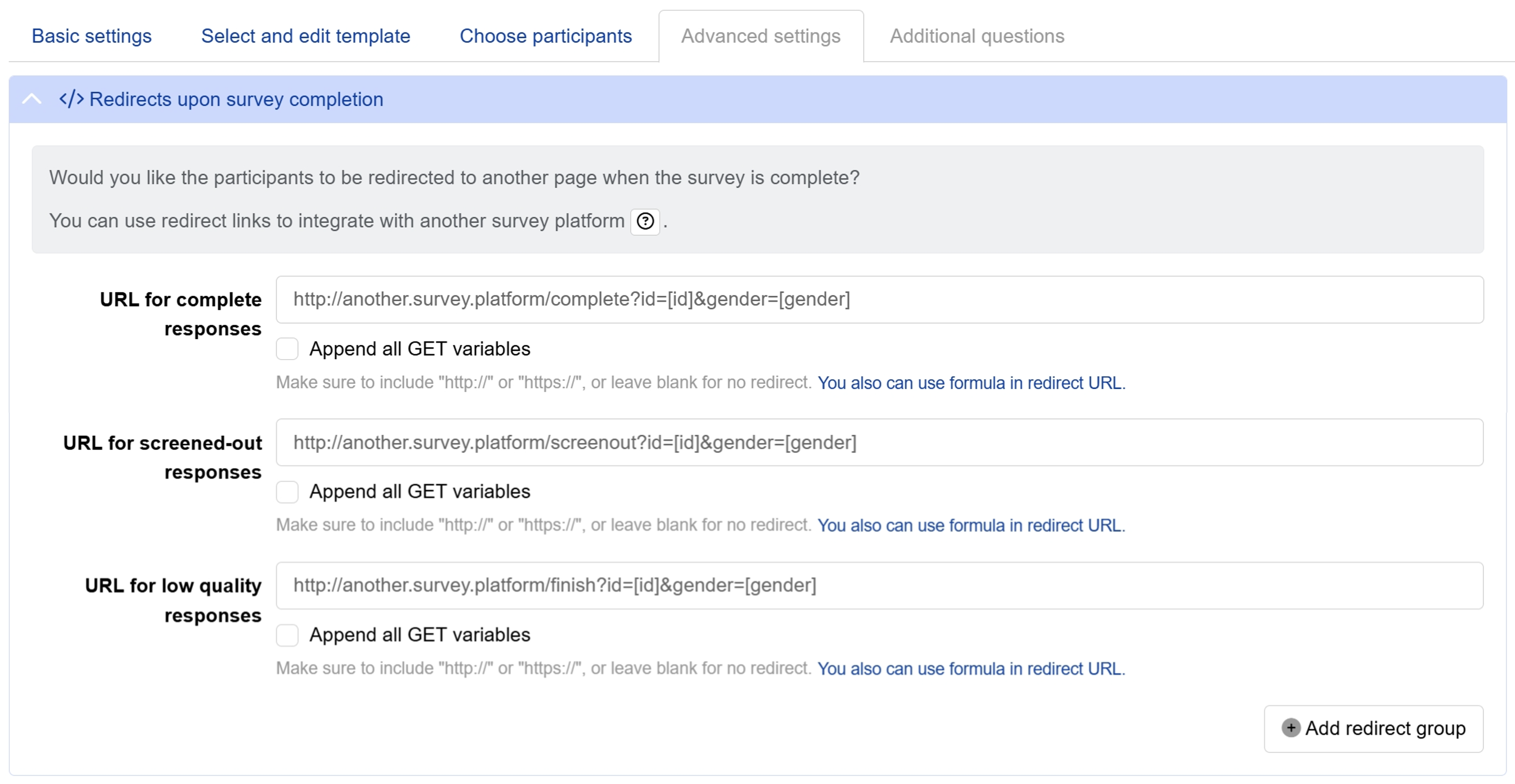 Set up redirect links on Conjointly