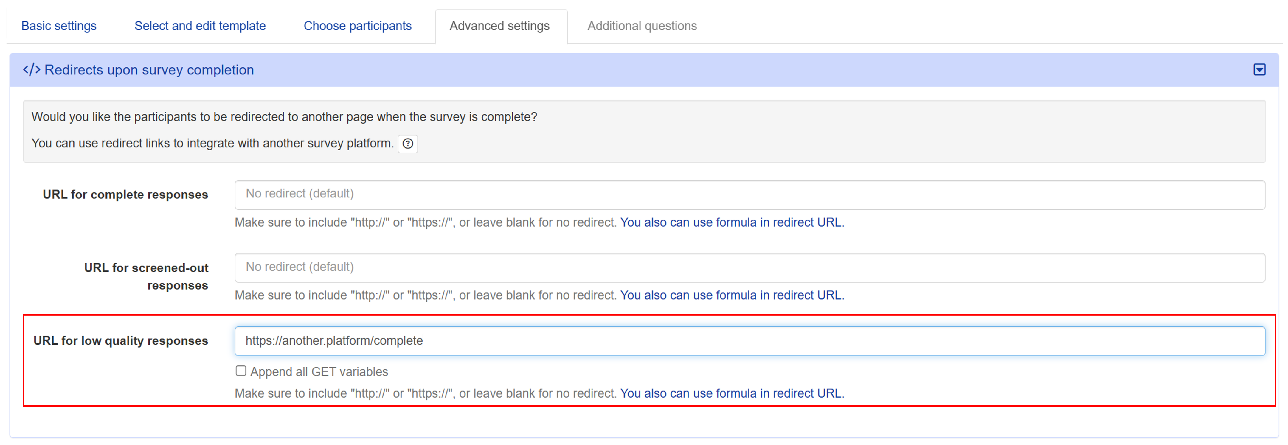 Redirecting low-quality responses in Advanced Settings