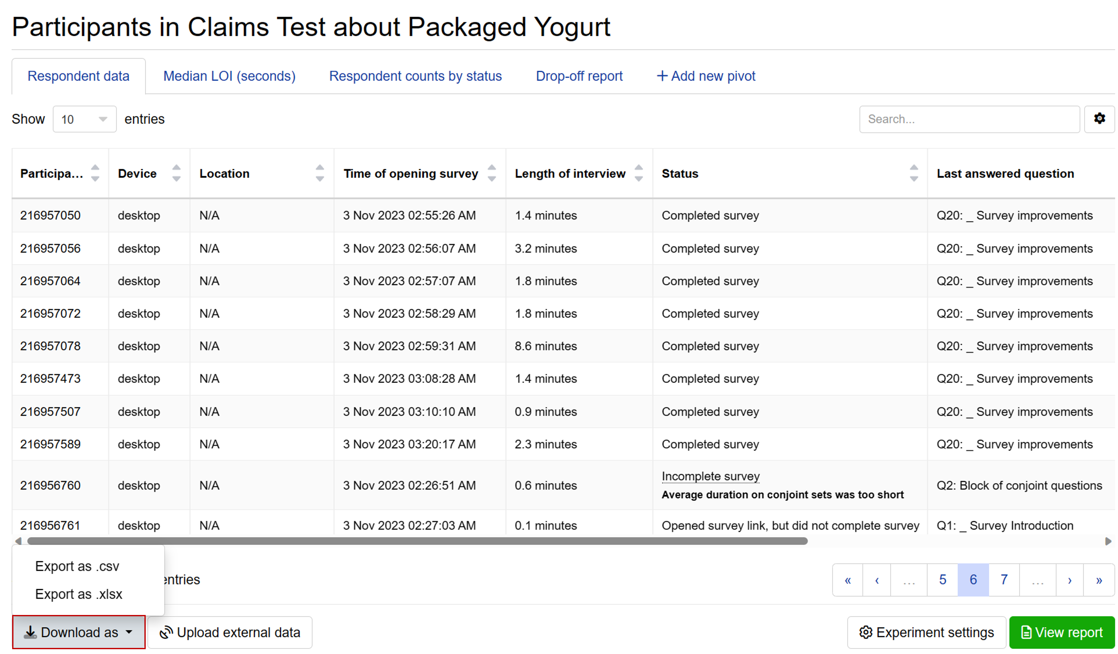 Exporting respondent data