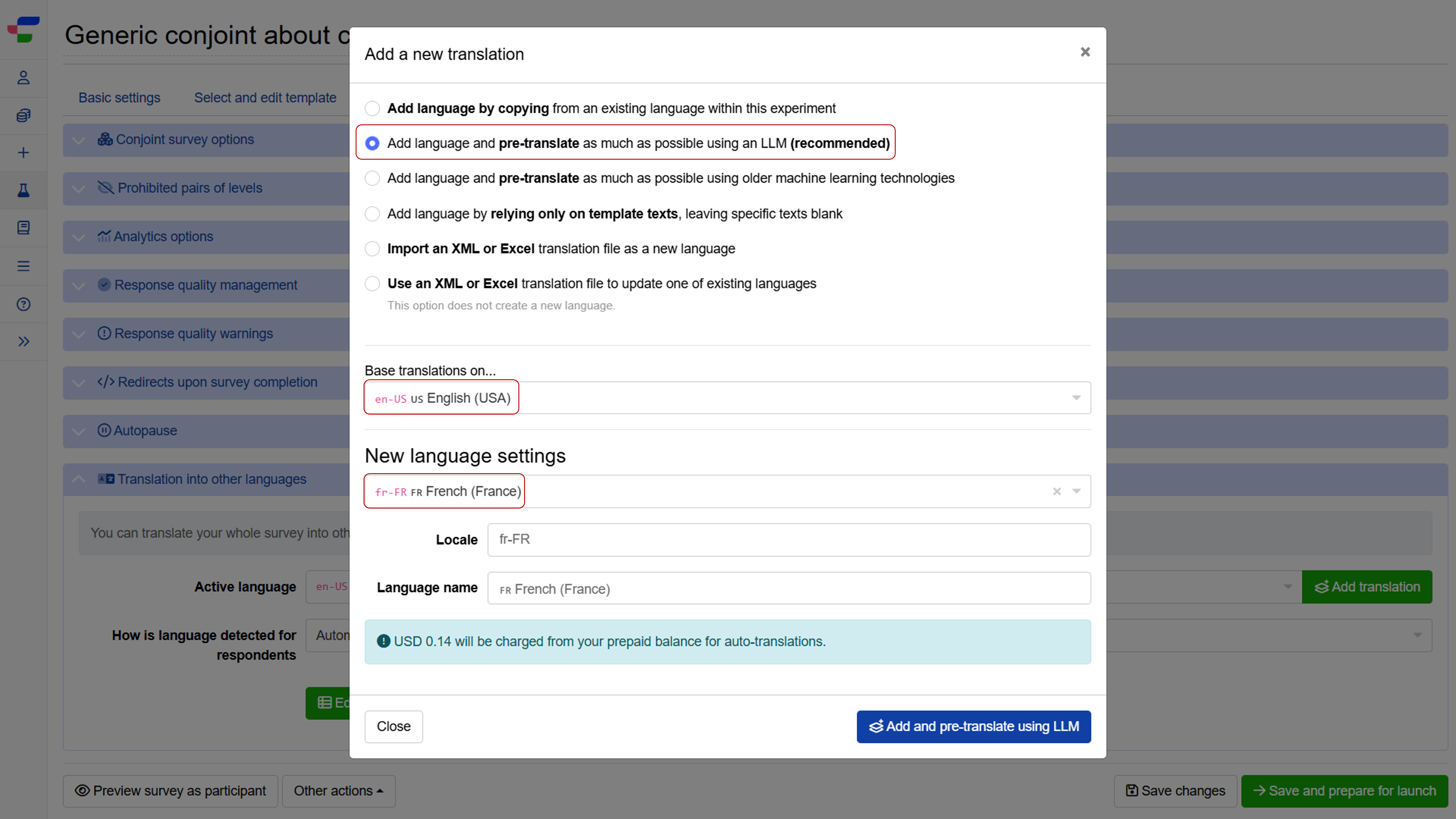 Adding a pre-existing language to a multilingual study on Conjointly's platform using a LLM