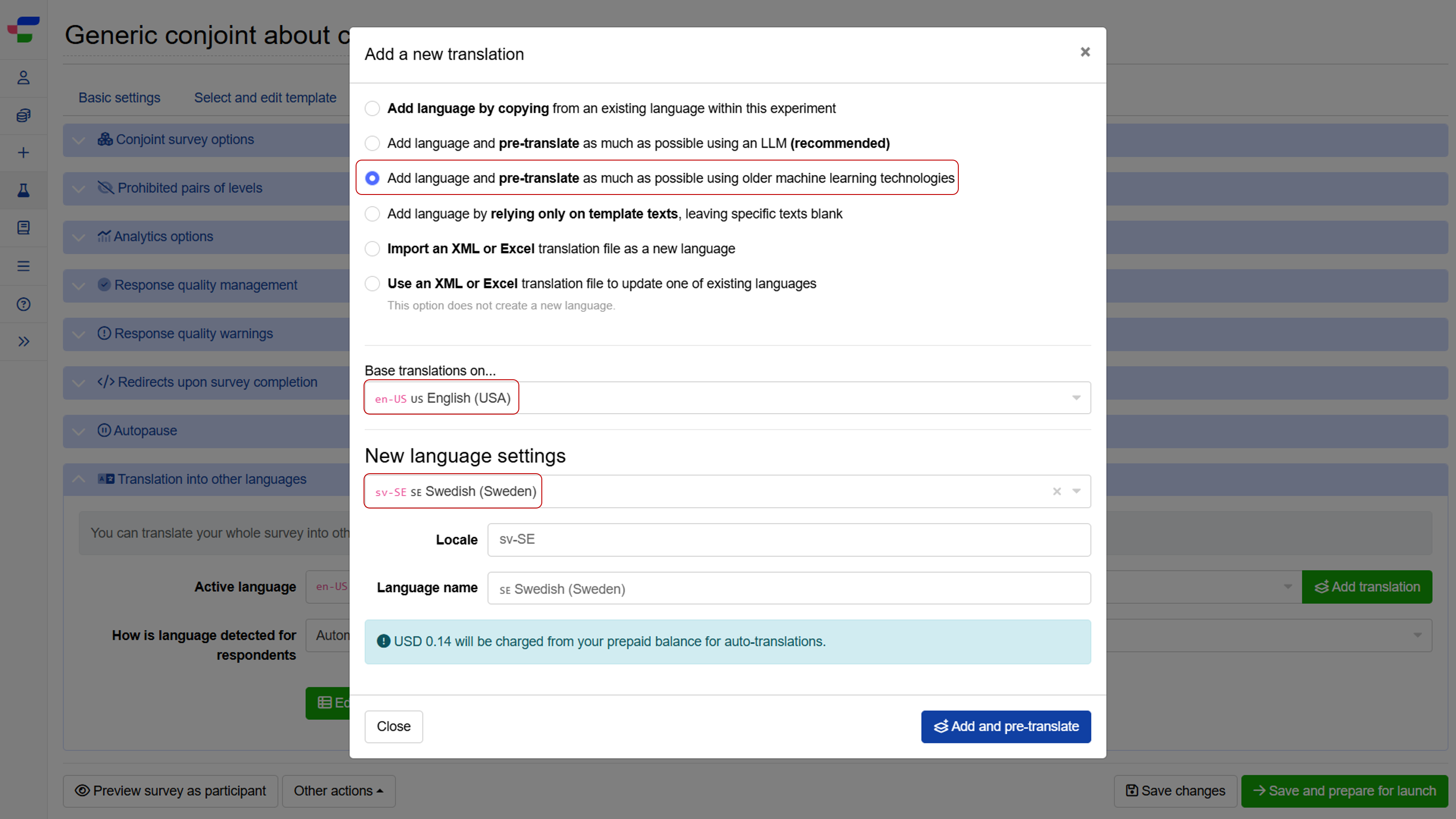 Adding a pre-existing language to a multilingual study on Conjointly's platform