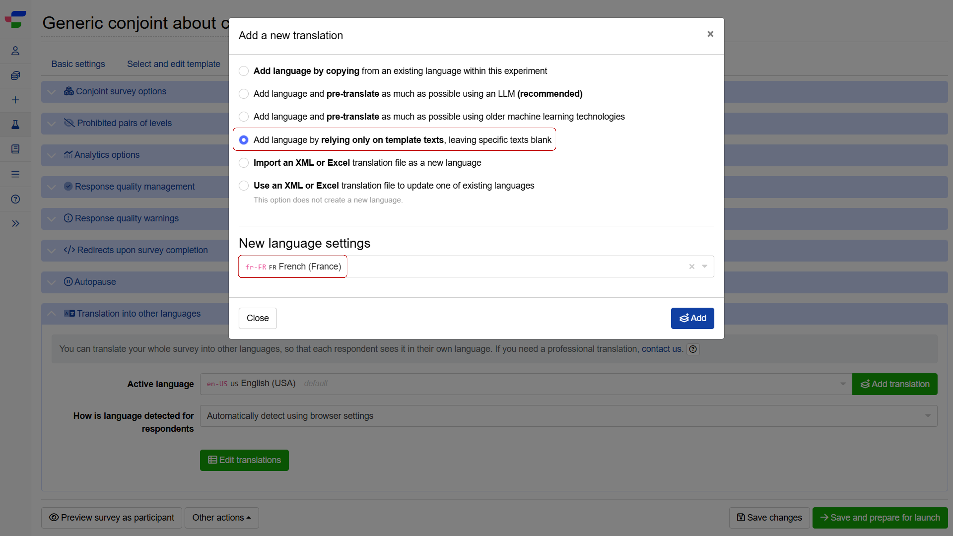 Translate experiment template text only