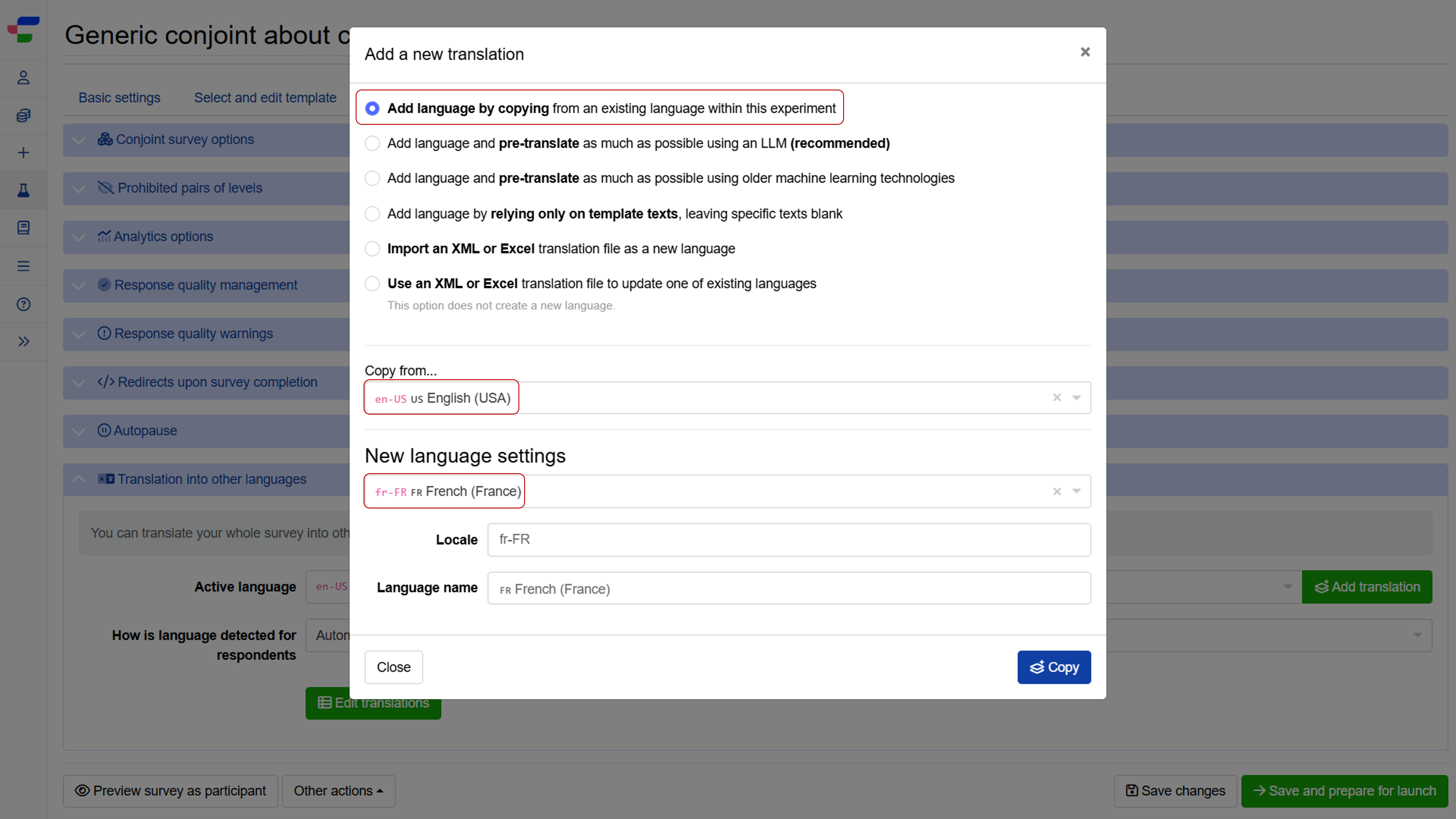 Add language by copying from an existing language within this experiment
