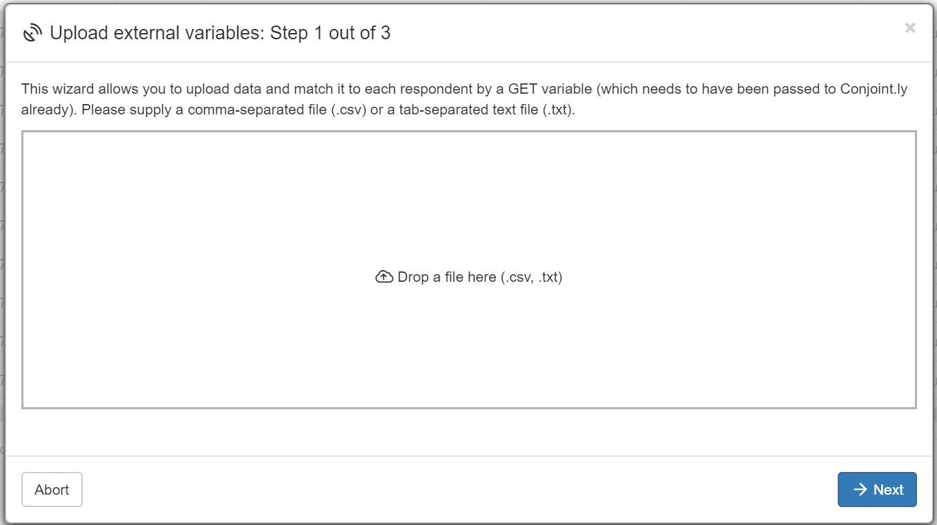 Upload external variables: Step 1