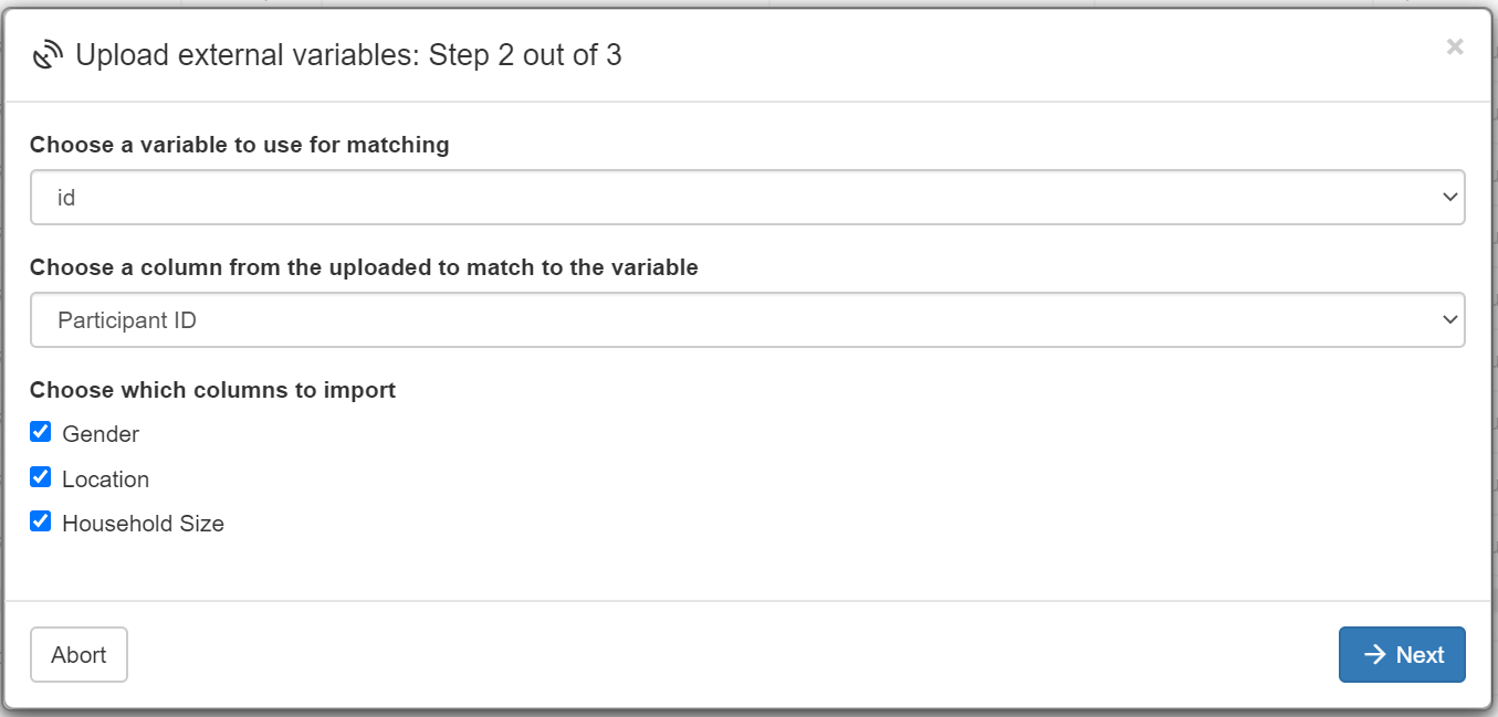 Upload external variables: Step 2